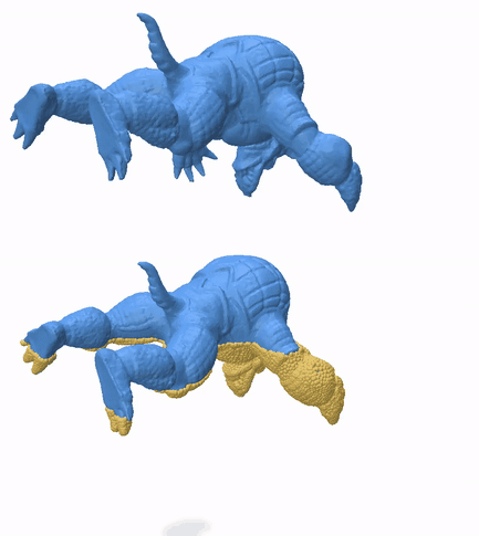 A 162k element armadillo mesh is dropped on top of another duplicate, but fixed, armadillo mesh on the bottom.